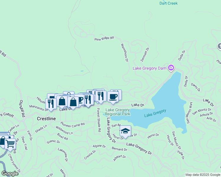 map of restaurants, bars, coffee shops, grocery stores, and more near 486 Wylerhorn Drive in Crestline