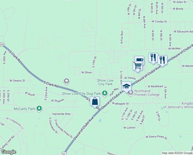 map of restaurants, bars, coffee shops, grocery stores, and more near 1520 West Owens in Show Low