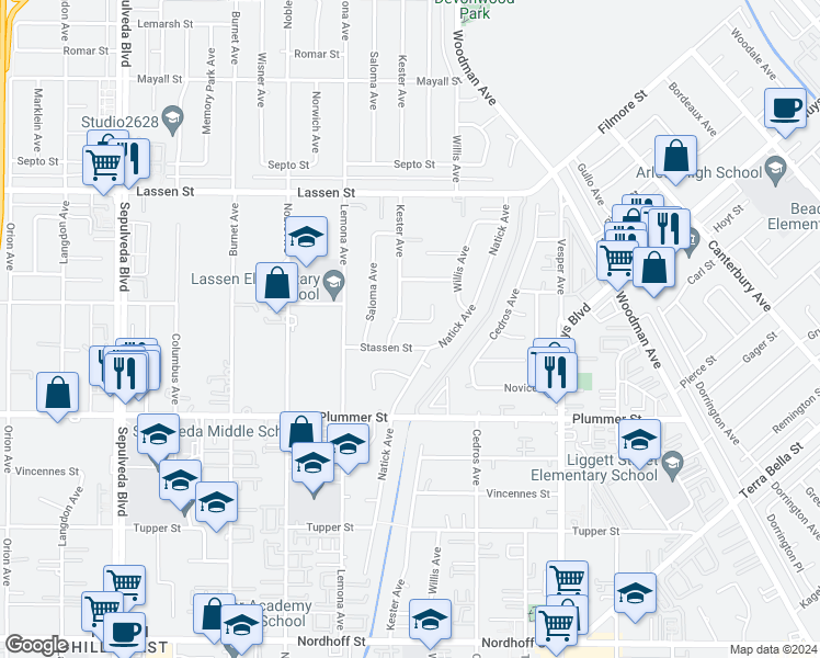 map of restaurants, bars, coffee shops, grocery stores, and more near 14874 Gotham Street in Los Angeles
