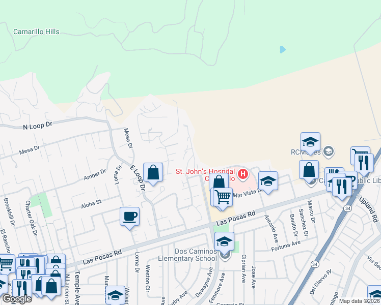 map of restaurants, bars, coffee shops, grocery stores, and more near 2713 Antonio Drive in Camarillo