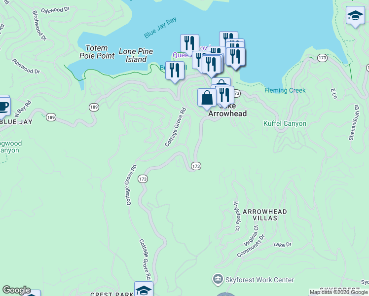 map of restaurants, bars, coffee shops, grocery stores, and more near 465 California 173 in Lake Arrowhead
