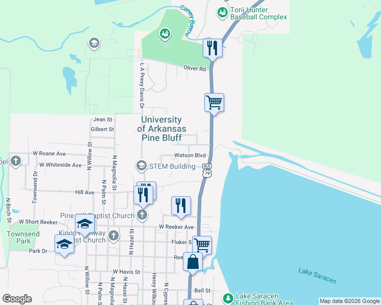 map of restaurants, bars, coffee shops, grocery stores, and more near 71 Watson Boulevard in Pine Bluff