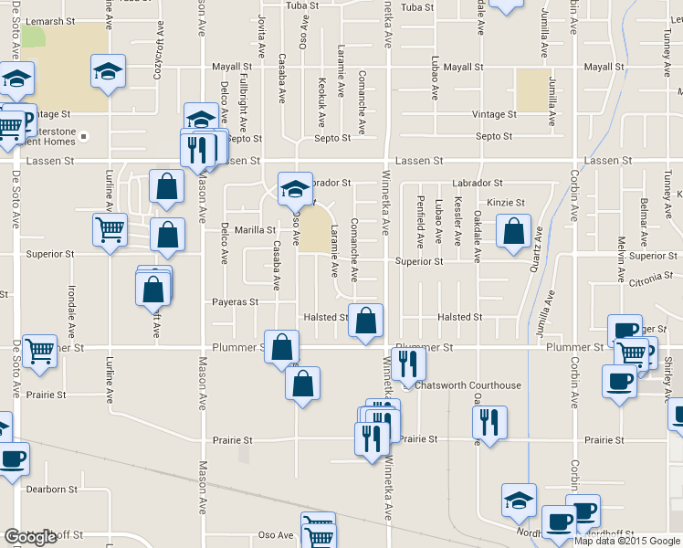 map of restaurants, bars, coffee shops, grocery stores, and more near 9656 Laramie Avenue in Los Angeles