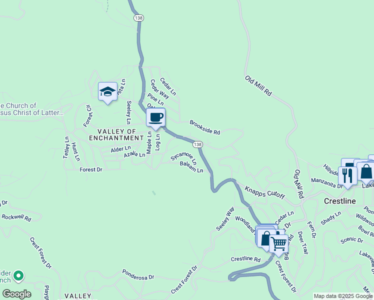 map of restaurants, bars, coffee shops, grocery stores, and more near 23120 Sycamore Lane in Crestline