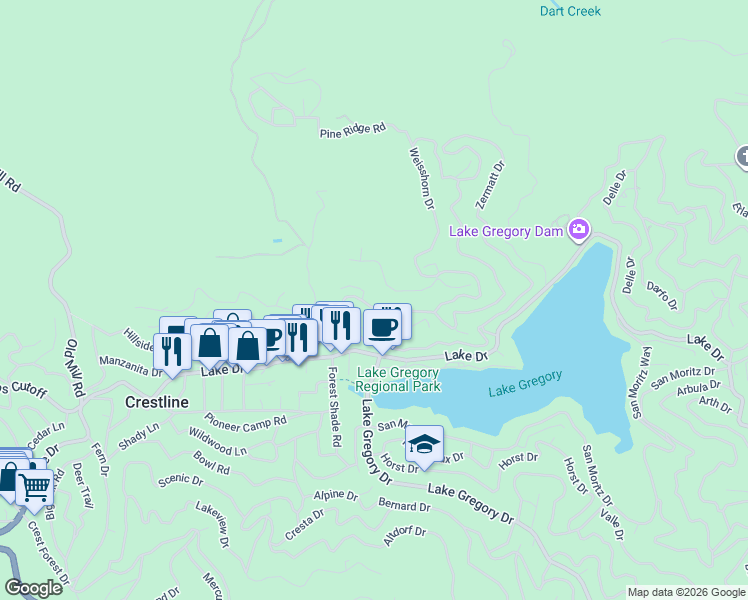 map of restaurants, bars, coffee shops, grocery stores, and more near 486 Wylerhorn Drive in Crestline
