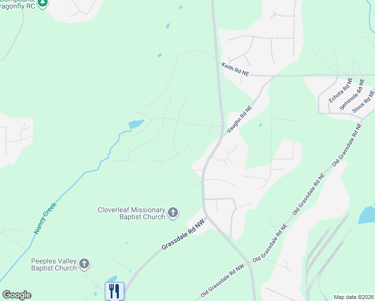 map of restaurants, bars, coffee shops, grocery stores, and more near 23 Ridgeline Way in Cartersville