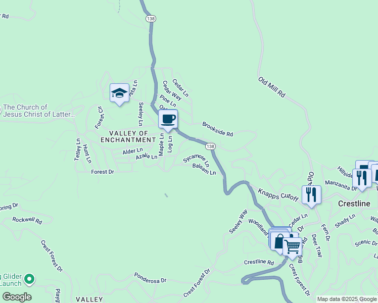 map of restaurants, bars, coffee shops, grocery stores, and more near 23064 Sycamore Lane in Crestline