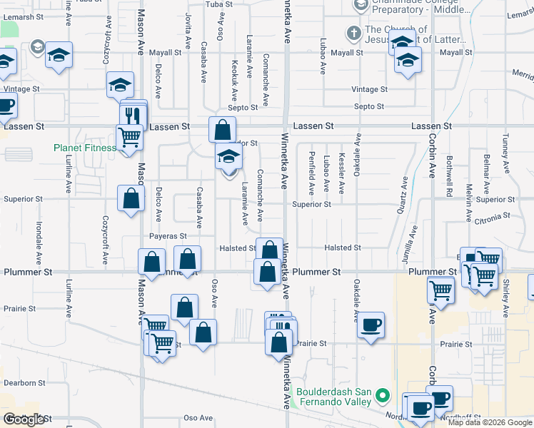 map of restaurants, bars, coffee shops, grocery stores, and more near 20119 Itasca Street in Los Angeles