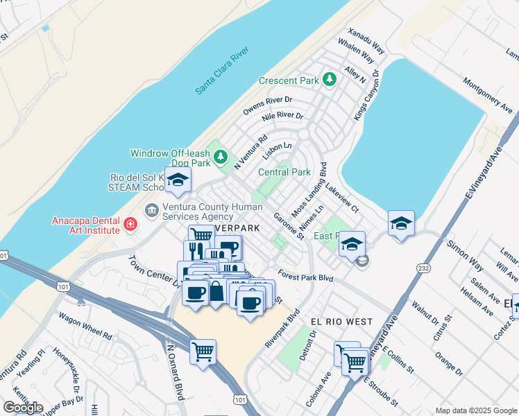 map of restaurants, bars, coffee shops, grocery stores, and more near 611 Green River Street in Oxnard
