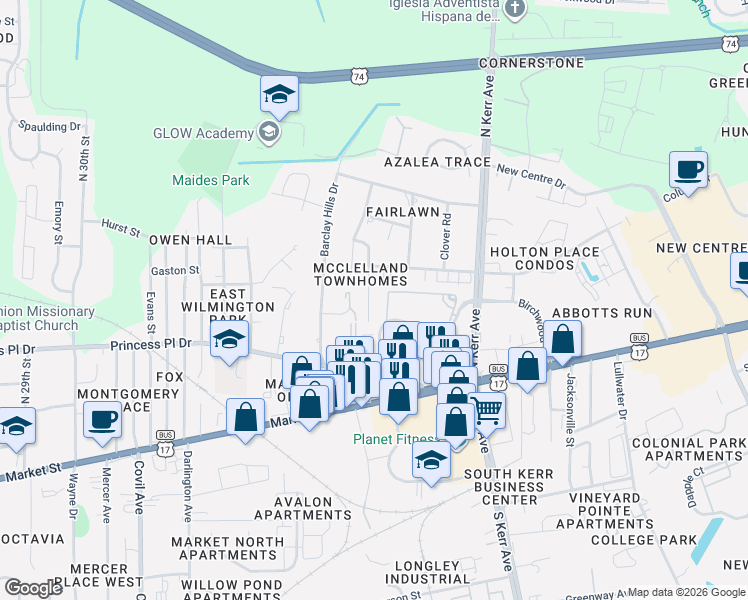 map of restaurants, bars, coffee shops, grocery stores, and more near 309 Saint Rosea Road in Wilmington