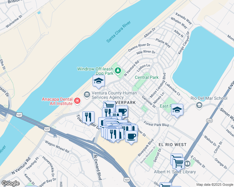map of restaurants, bars, coffee shops, grocery stores, and more near 725 Forest Park Boulevard in Oxnard