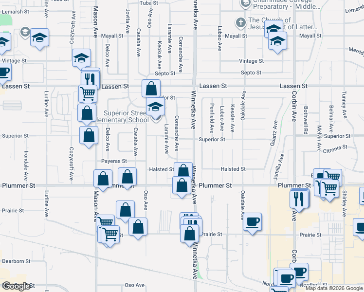map of restaurants, bars, coffee shops, grocery stores, and more near 20127 Citronia Street in Los Angeles