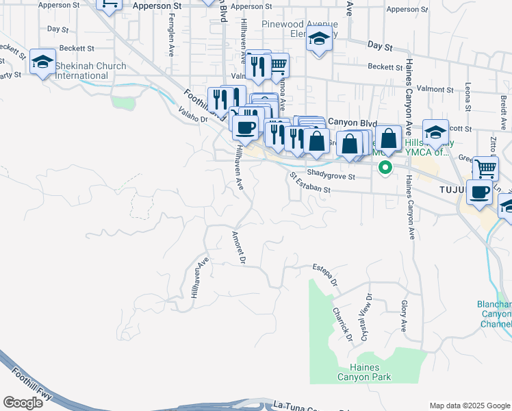 map of restaurants, bars, coffee shops, grocery stores, and more near 9708 Hillhaven Avenue in Los Angeles