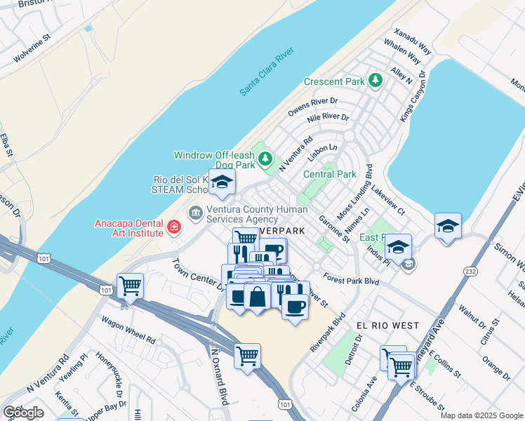 map of restaurants, bars, coffee shops, grocery stores, and more near 725 Forest Park Boulevard in Oxnard