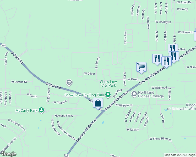map of restaurants, bars, coffee shops, grocery stores, and more near 1520 West Owens in Show Low