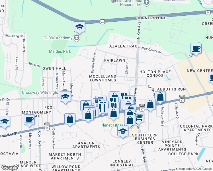 map of restaurants, bars, coffee shops, grocery stores, and more near 324 Saint Rosea Road in Wilmington