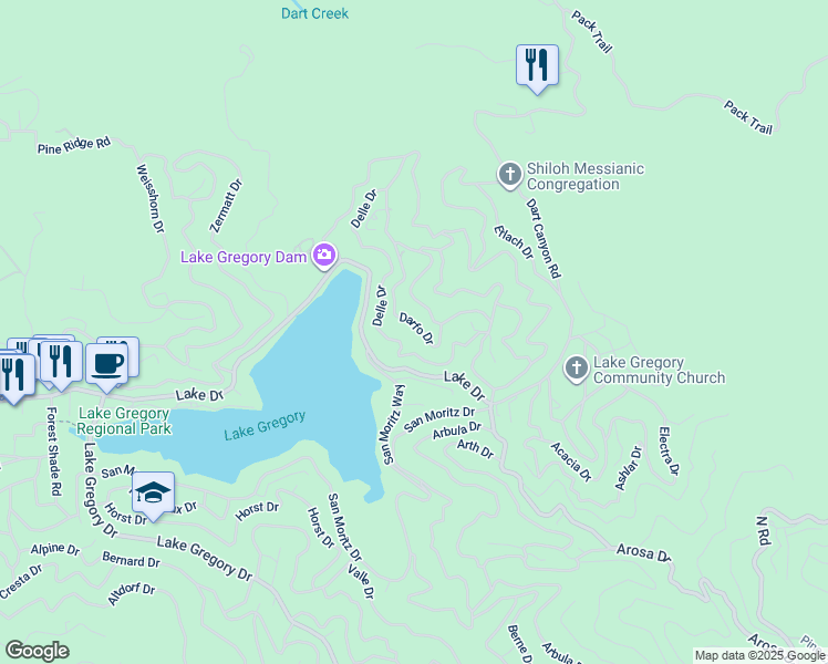 map of restaurants, bars, coffee shops, grocery stores, and more near 406 Darfo Drive in Crestline