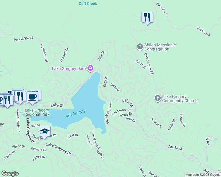 map of restaurants, bars, coffee shops, grocery stores, and more near 417 Delle Drive in Crestline