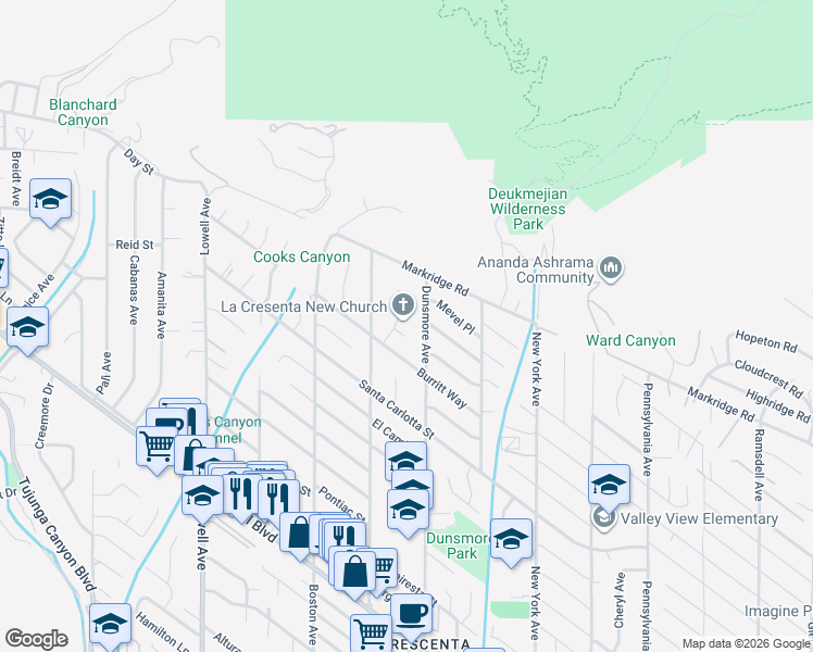 map of restaurants, bars, coffee shops, grocery stores, and more near 5020 Carolyn Way in Glendale