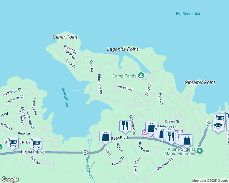 map of restaurants, bars, coffee shops, grocery stores, and more near 393 Chip-O-Wood in Big Bear Lake