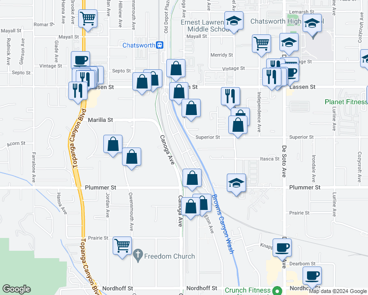 map of restaurants, bars, coffee shops, grocery stores, and more near 21500 Lassen Street in Los Angeles
