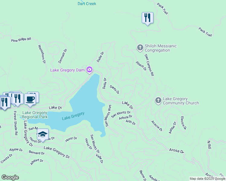 map of restaurants, bars, coffee shops, grocery stores, and more near 404 Darfo Drive in Crestline