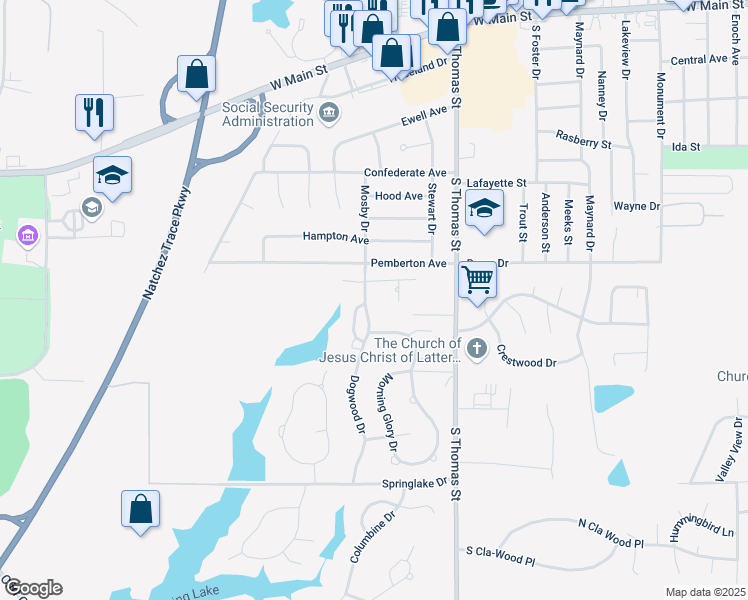 map of restaurants, bars, coffee shops, grocery stores, and more near Morning Glory Circle in Tupelo