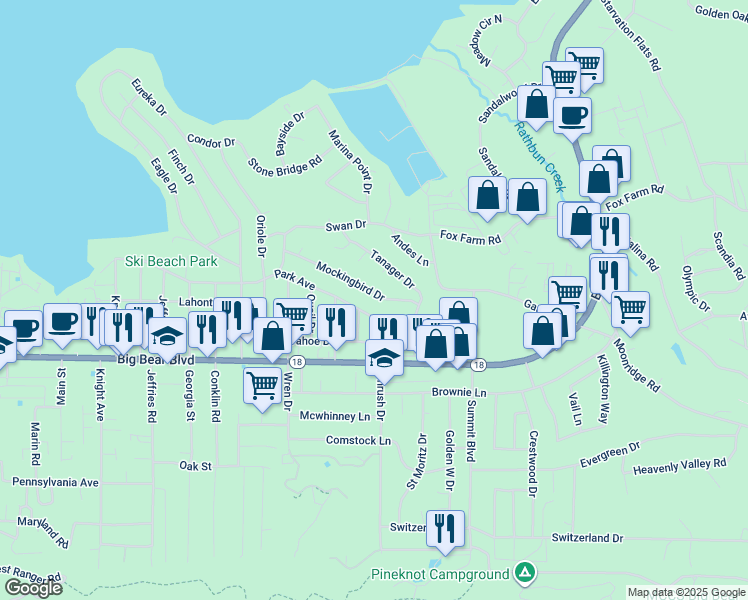 map of restaurants, bars, coffee shops, grocery stores, and more near 41691 Mockingbird Drive in Big Bear Lake