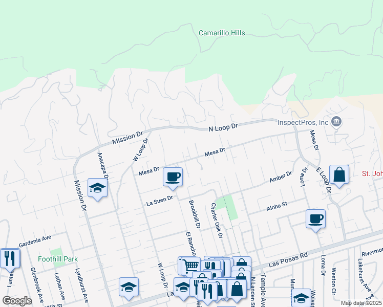 map of restaurants, bars, coffee shops, grocery stores, and more near 579 Plateau Court in Camarillo