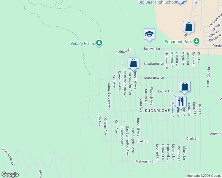 map of restaurants, bars, coffee shops, grocery stores, and more near 365 Santa Barbara Avenue in Big Bear