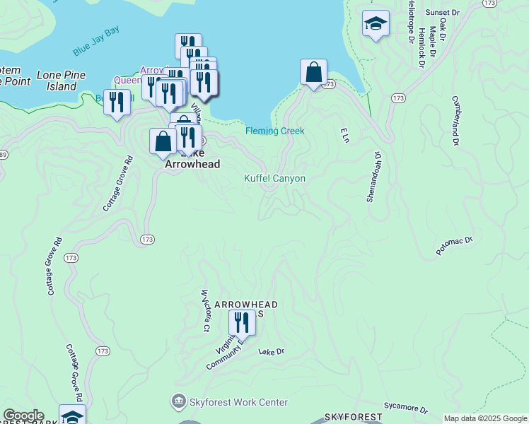 map of restaurants, bars, coffee shops, grocery stores, and more near 124 Rockledge Lane in Lake Arrowhead