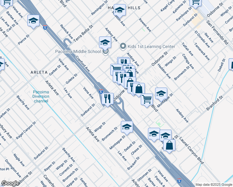map of restaurants, bars, coffee shops, grocery stores, and more near 13255 Osborne Street in Los Angeles