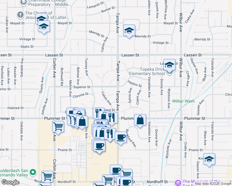 map of restaurants, bars, coffee shops, grocery stores, and more near 19303 Citronia Street in Los Angeles
