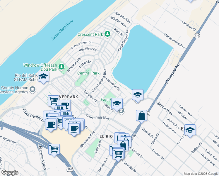 map of restaurants, bars, coffee shops, grocery stores, and more near 413 Kiawah River Drive in Oxnard