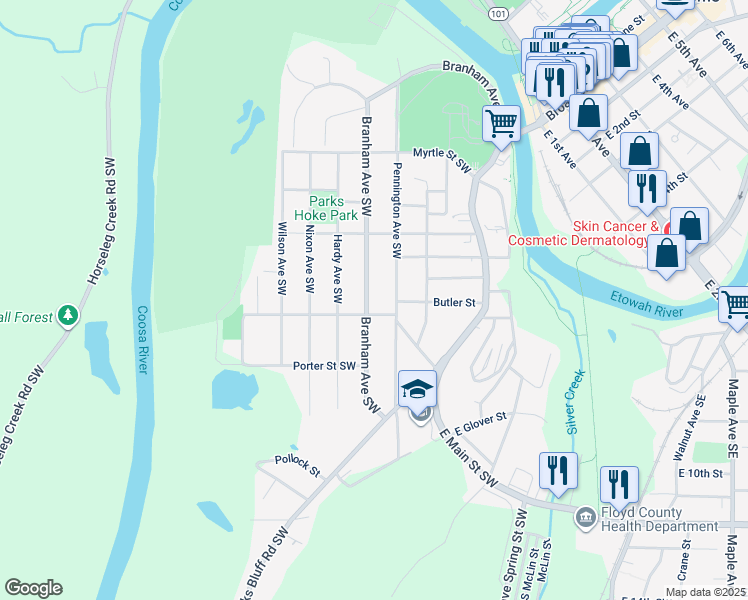 map of restaurants, bars, coffee shops, grocery stores, and more near 433 Branham Avenue Southwest in Rome