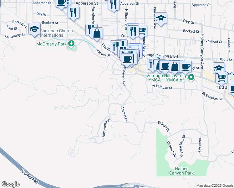 map of restaurants, bars, coffee shops, grocery stores, and more near Verdugo Crestline Drive in Los Angeles