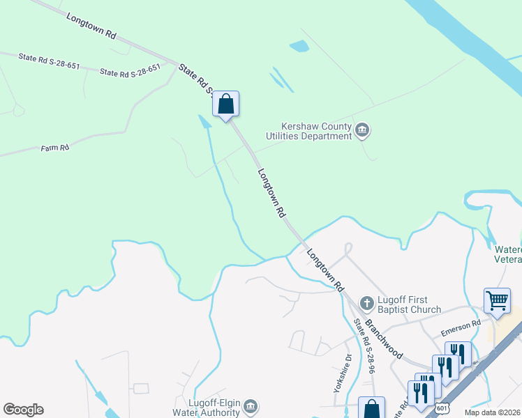 map of restaurants, bars, coffee shops, grocery stores, and more near 183A Longtown Road in Lugoff