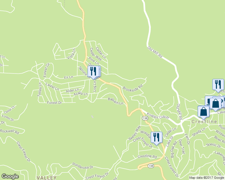 map of restaurants, bars, coffee shops, grocery stores, and more near 23120 Sycamore Lane in Crestline