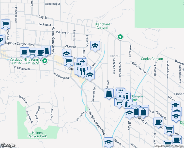 map of restaurants, bars, coffee shops, grocery stores, and more near 9825 Tujunga Canyon Place in Los Angeles