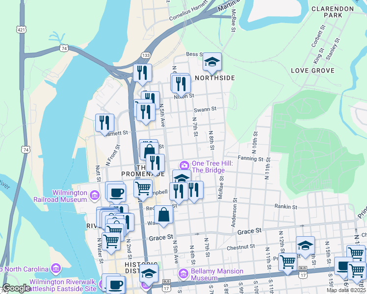 map of restaurants, bars, coffee shops, grocery stores, and more near 601 Brunswick Street in Wilmington