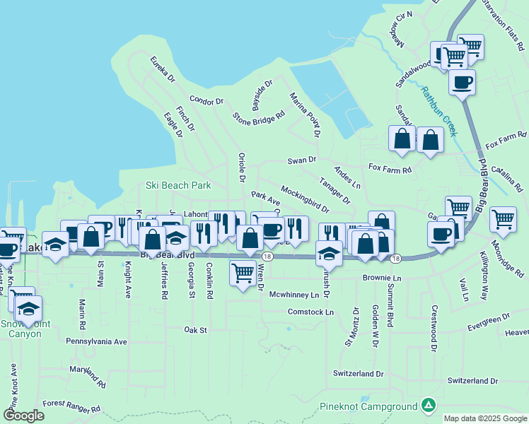 map of restaurants, bars, coffee shops, grocery stores, and more near 379 Wren Drive in Big Bear Lake