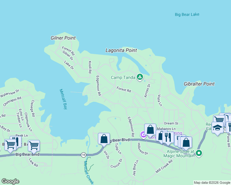 map of restaurants, bars, coffee shops, grocery stores, and more near 426 Chipowood in Big Bear Lake