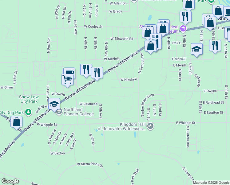 map of restaurants, bars, coffee shops, grocery stores, and more near 321 West Owens Street in Show Low