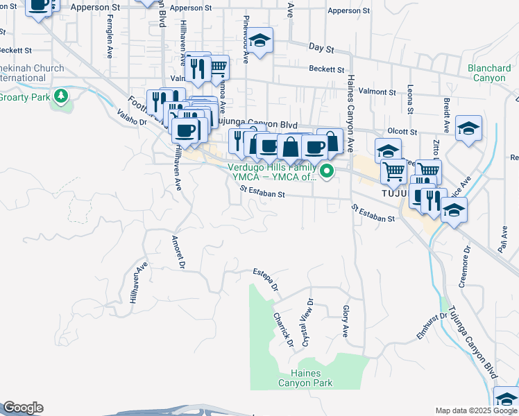 map of restaurants, bars, coffee shops, grocery stores, and more near High Cliff Trail in Los Angeles