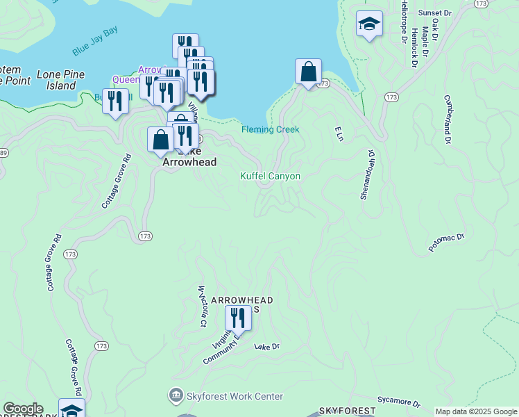 map of restaurants, bars, coffee shops, grocery stores, and more near 124 Rockledge Lane in Lake Arrowhead