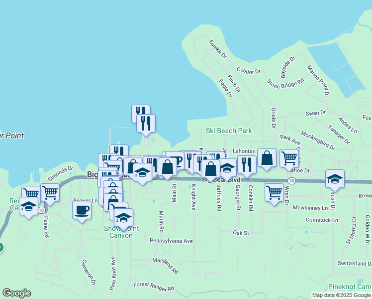 map of restaurants, bars, coffee shops, grocery stores, and more near 41076 Big Bear Boulevard in Big Bear Lake