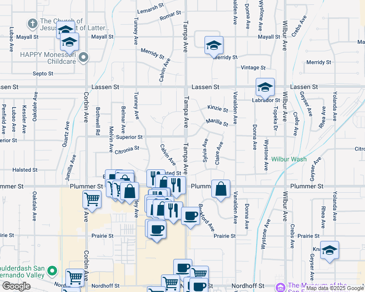 map of restaurants, bars, coffee shops, grocery stores, and more near 19303 Itasca Street in Los Angeles