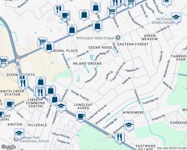 map of restaurants, bars, coffee shops, grocery stores, and more near 6036 Inland Greens Drive in Wilmington