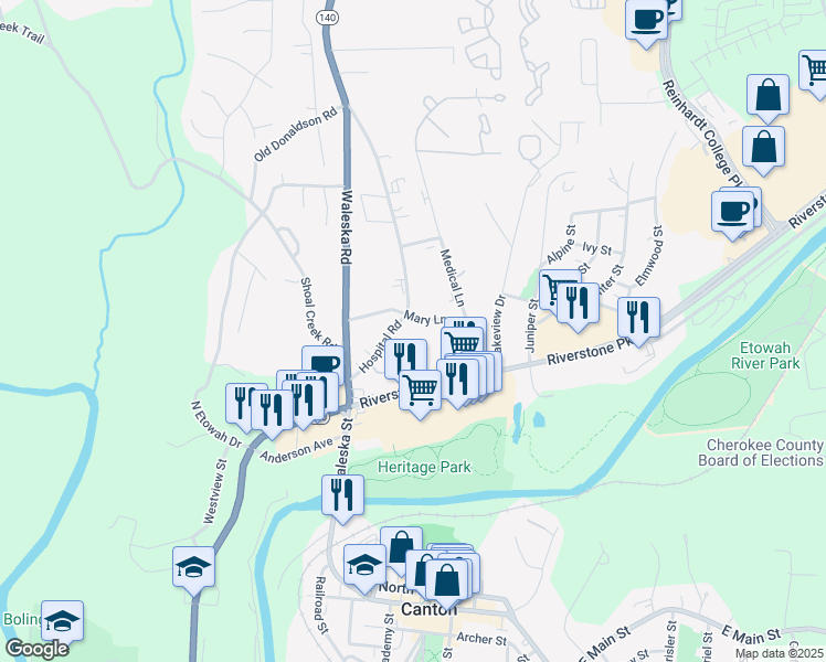 map of restaurants, bars, coffee shops, grocery stores, and more near 621 Hospital Drive in Canton