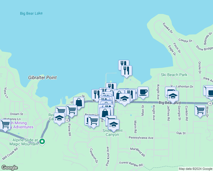 map of restaurants, bars, coffee shops, grocery stores, and more near 400 Pine Knot Avenue in Big Bear Lake